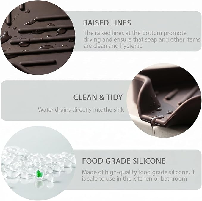 MicoYang Silicone Soap Dish with Drain Spout — Self-Draining Sink Organizer Tray for Bathroom & Kitchen, Holds Bar Soap, Sponges & Dispensers, Non-Slip & Dishwasher Safe, Coffee (Small, 4.9"×3.2")