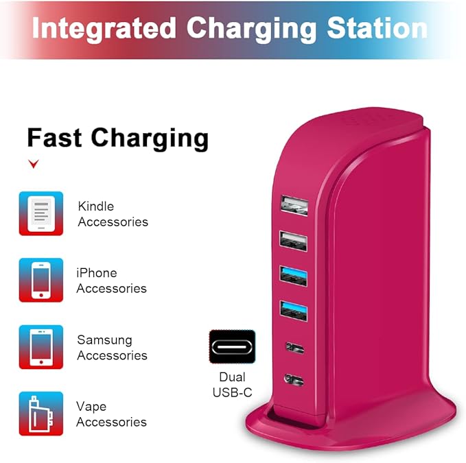 USB Charging Station Multiports Upoy, Charging Hub 6 Ports Dual Type-C