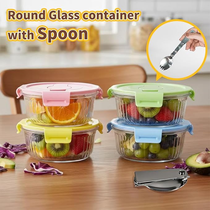12oz Round Glass Food Storage Containers with Lids and Foldable Cutlery, 1.5 cup Round Glass Lunch Containers, Small Food Bowls for Office, School, Outdoor, Microwave, Freezer Safe -4 Pack