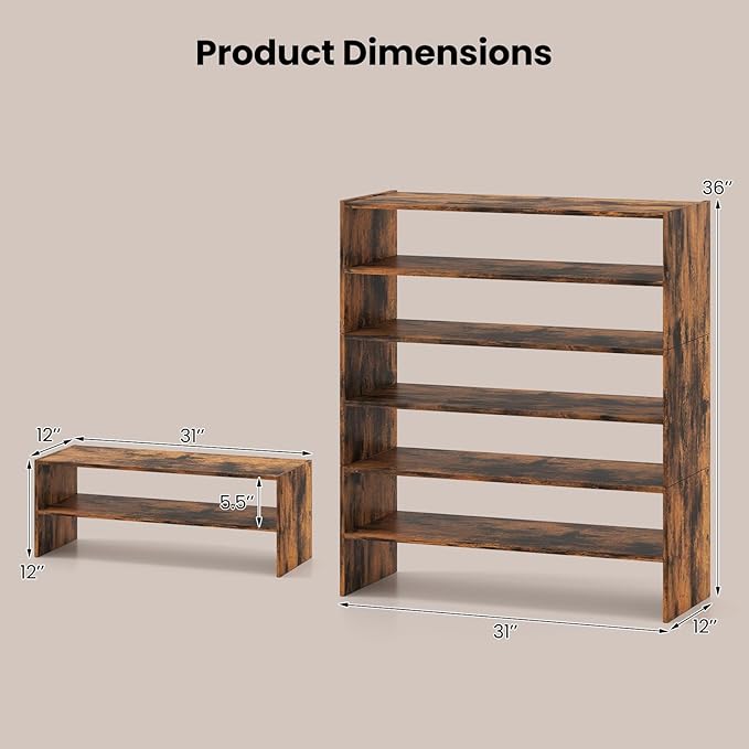 Tangkula 6-Tier Stackble Vertical Shoe Rack, Space Saving Wooden Corner Shoe Storage Shelf for 18 Pairs, 3-in-1 Adjustable White Shoe Organizer for Front Door Entryway