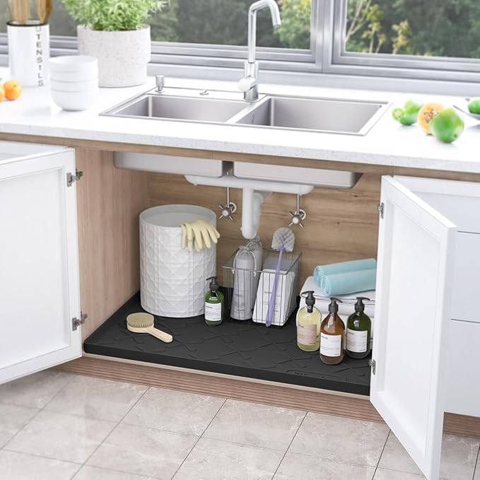SIKADEER Waterproof Under Sink Mat 22x19, Raised Edge Silicone Mat Under Sink Shelf Liner, Sink Protector Kitchen Cabinet Tray for Bathroom Vanity and Small Cabinets, Cat Food Mat