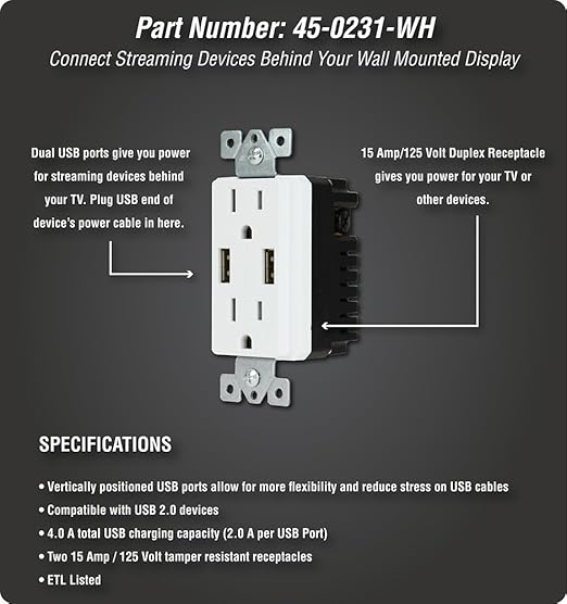 COMM Electronics 45-0231-WH USB Recessed Media Outlet Box