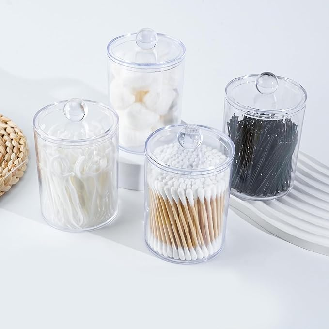 XIPENGKEJI 4 Pack Qtip Holder,Canister Apothecary Jar Set, Bathroom Jars with Lids Set for Cotton Swabs, Balls, Pads, Floss Picks,10oz-12oz Plastic Canisters Restroom Bedroom Vanity Organizer