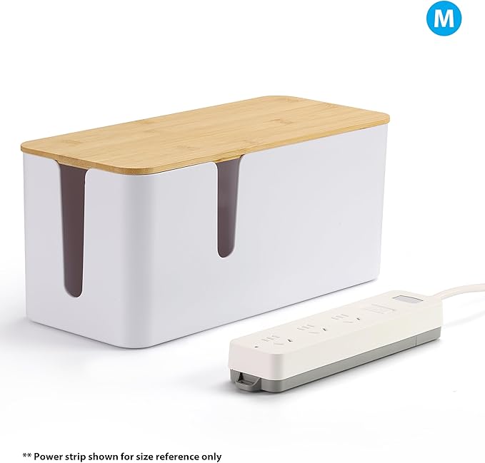 ZhiYo Bamboo Lid Cord Organizer Box, 2Pack Large Cable Management Box, Safe ABS Wire Organizer for TV and Computer, Wood Cover Cord Hider to Hide Wires, USB Hub & Under Desk Power Strip, White
