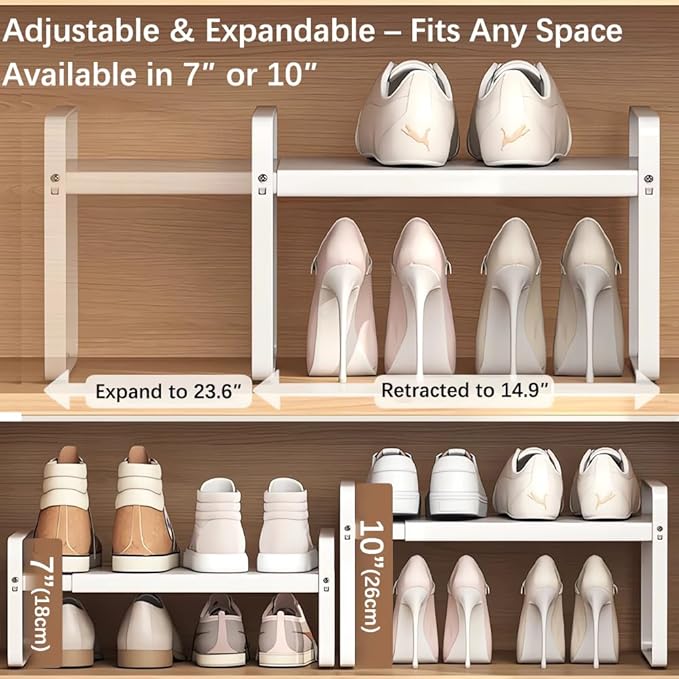 Expandable 1-Tier Metal Shoe Rack (H:7"), Adjustable Width 14.9"-23.6", Heavy-Duty Stackable Free-Standing Shoe Shelf for Closet & Entryway – 2-Pack Set