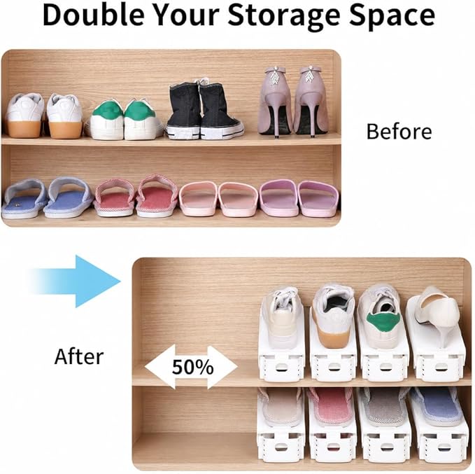 Antigo Shoe Slot Organizer 20 Pack - Adjustable Shoe Stacker for Closet Storage, Space Savers 50%, Double Layer Stackable Shoe Holder Rack for Sneakers Heels and Flat(White)
