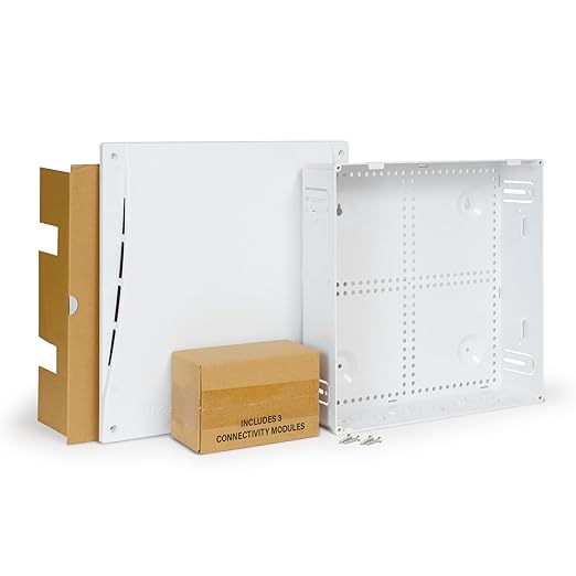 ICC 14” Plastic Structured Wiring Enclosure with Cover, Includes 3 Connectivity Modules (CAT6 8-Port PoE++ Module, 1x8 Bridged Telephone RJ31X Module, 1x6 Video Module), UL Listed, TAA Compliant
