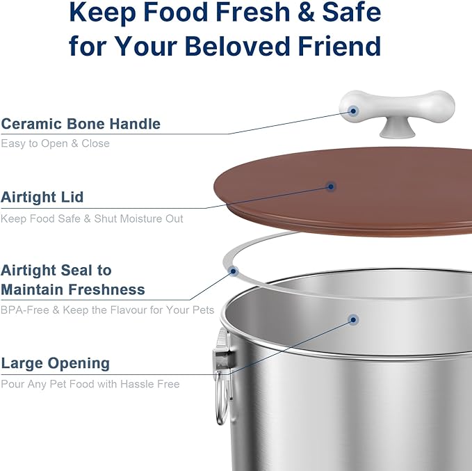 Paw Libero 2PK 25 Lbs Stainless Steel Dog Food Storage Container with Airtight Lid & Ceramic Bone Handle, Large Metal Dog Food Bin for Dogs & Cats, Keep Fresh, Easy to Clean