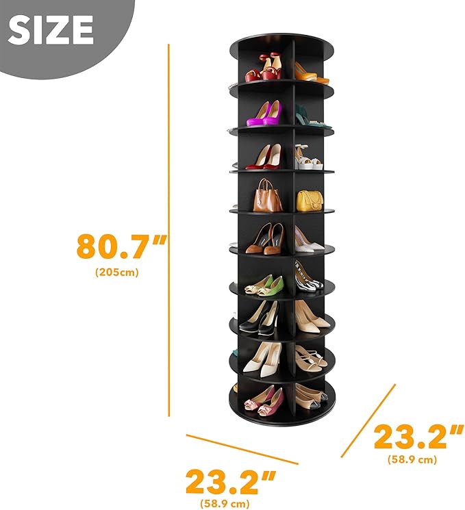 9 Tier Rotating Shoe Rack Tower, Spinning Shoe Display Lazy Susan, 9-Tier Black