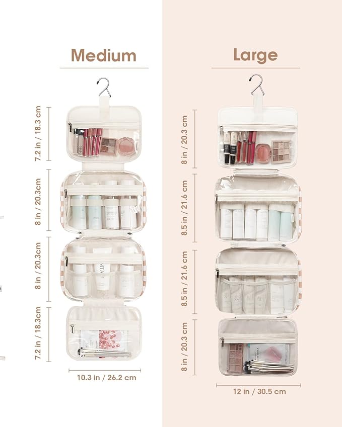 Narwey Travel Toiletry Bag for Women Large Hanging Makeup Bag Organizer Toiletries Bag for Full Size Essentials Accessories Cosmetics (Light Checkerboard (Large))