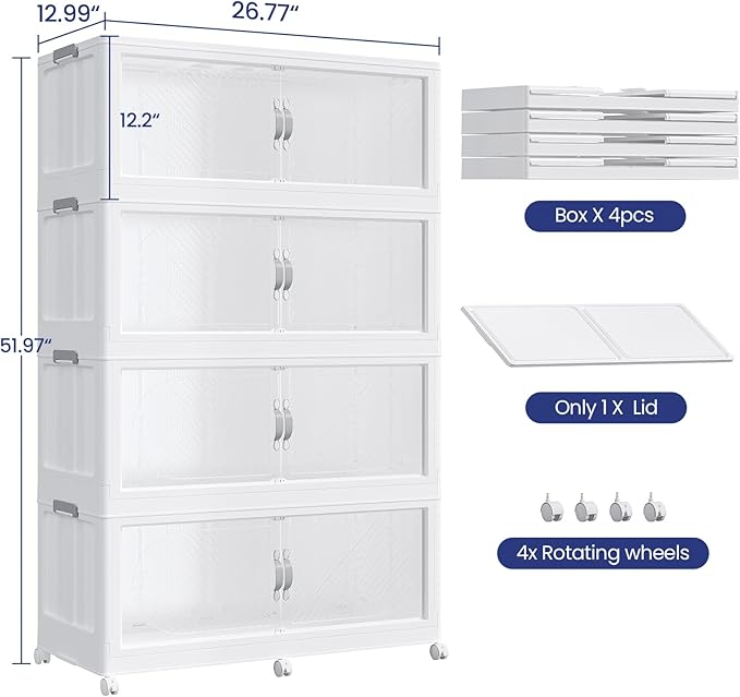 120Gal/480QT 4-Tiers Extra Large Stackable Storage Bins with Lid, Collapsible Cabinet Closet Organizer Plastic Container Box with Wheels Doors Drawers for Office Dorm Kitchen, White
