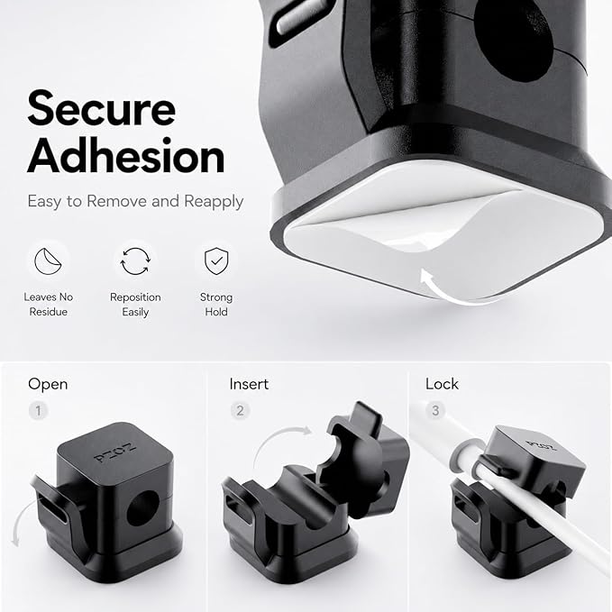 PZOZ 6 Pack Cable Organizer Clips, Adhesive Cord Holder for Desk, Secure Cable Management Clips for USB-C, Lightning & Charging Cables, Wire Organizer for Home Office Car (Black)