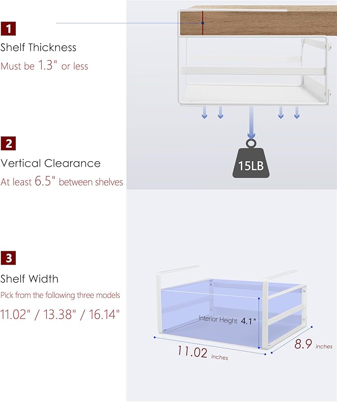 Nxconsu 2 Pack Small Compact Heavy Duty Under Cabinet Organizer, Slide-Under Shelf Basket with Metal Bottom, Hanging Pantry Shelf for Kitchen Cupboard Bookshelf Closet, Holds 15 lbs, White, 11.02"