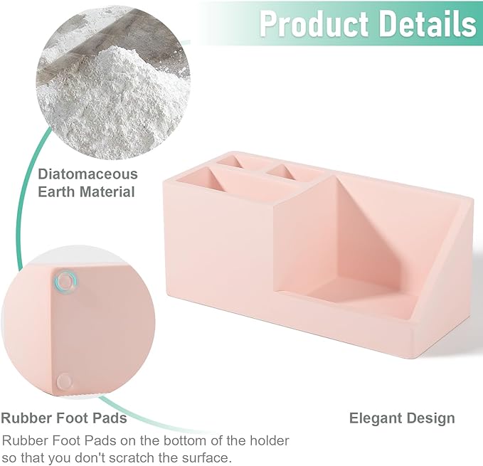 Diatomite Toothbrush Holders for Bathrooms, Quick Dry Electric Tooth Brush and Toothpaste Organizer Bathroom Accessories for Countertop, Vanity, Sink - Pink