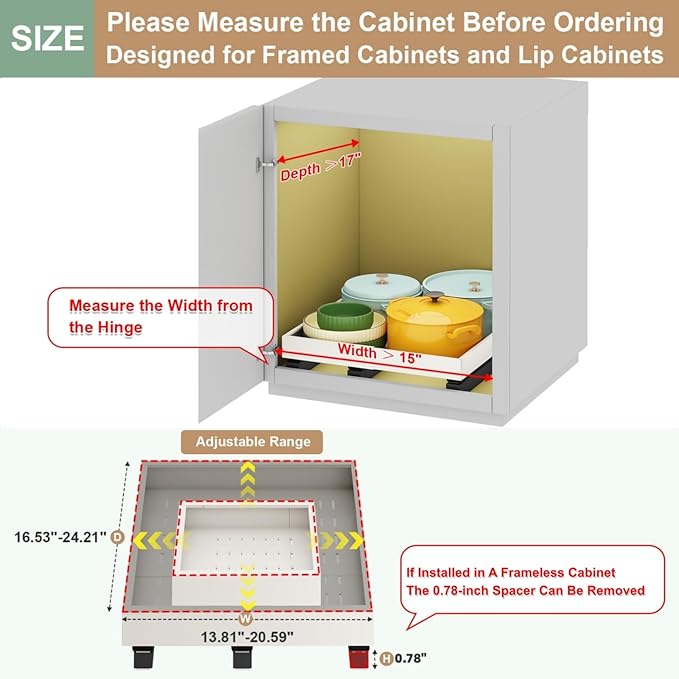 Pull out Cabinet Organizer,Expandable Width(15"-21"),Depth(17"-24") with 3 Rails,Roll out Drawers,No Drill Adjustable Slide out Shelves for Kitchen,Pantry,for Both Lip and Lip-Free Cabinets,White(1PC)