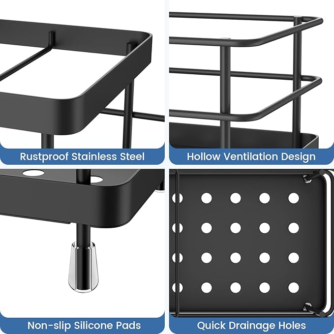 Luxspire Toothbrush Holders, 6 Slots Stainless Steel Tooth Brush Holder with Drainage, Toothbrush Holder for Bathroom Countertop & Kitchen Sink, Bathroom Accessories, Black