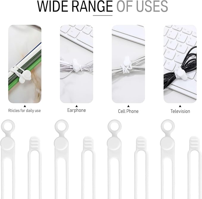 Nuanchu 40 Pcs Silicone Cable Ties Reusable Holder Adjustable Straps Multipurpose Charging Cable Organizer for Fastening Charging Cords Wires(4.17 Inch,White)