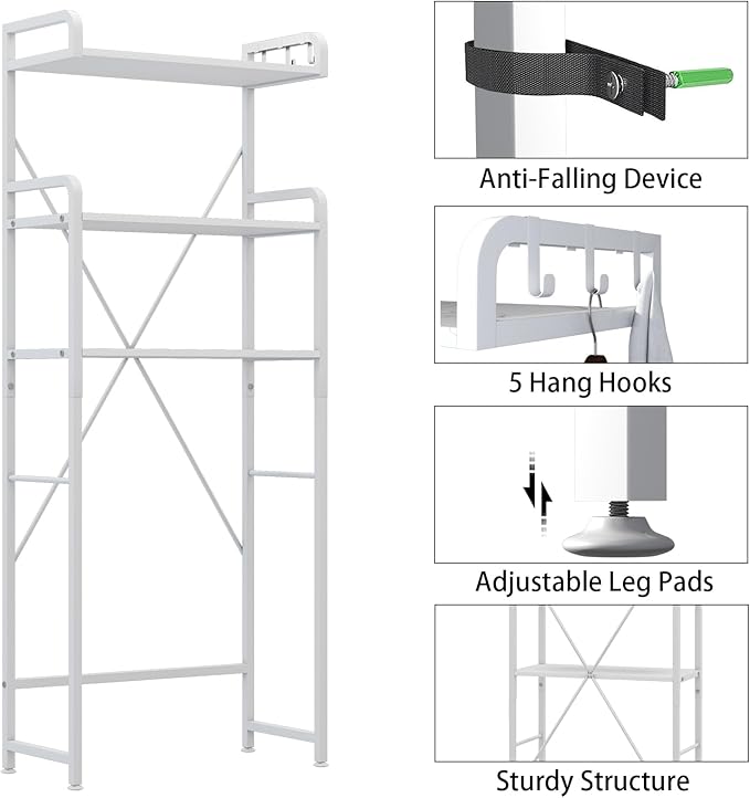 Huhote Over The Toilet Storage Rack with 3-Tier Bathroom Shelves, Space Saver Toilet Shelf, Bathroom Storage Organizer with Hooks for Over Toilet Storage and Shelf (White)