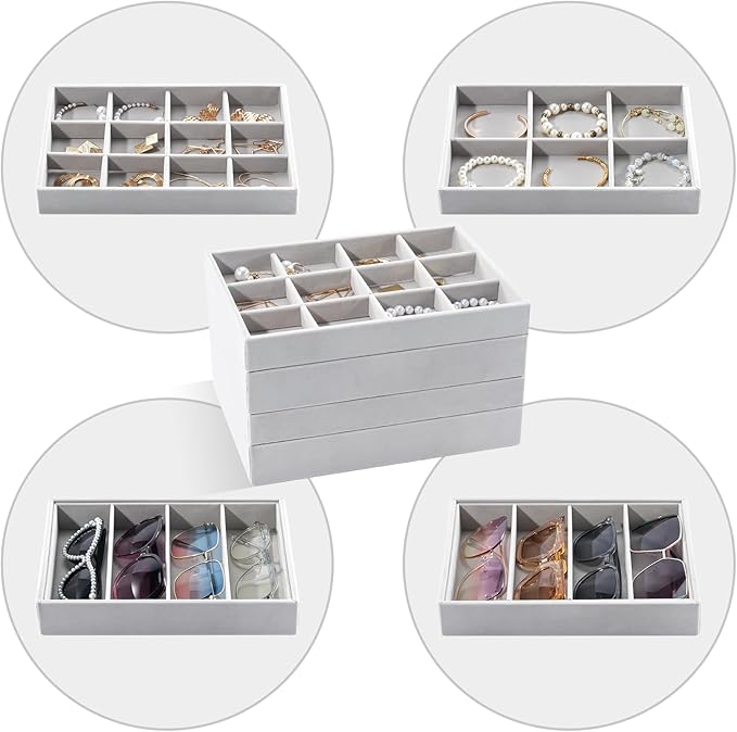 ProCase Stackable Jewelry Organizer Trays for Drawers, Jewelry Drawer Inserts Container Display Case Storage for Earring Necklace Ring Bracelet Sunglasses Glass -Grey, 4 Layers