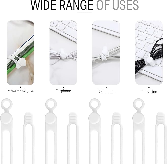 Nuanchu 40 Pcs Silicone Cable Ties Reusable Holder Adjustable Straps Multipurpose Charging Cable Organizer for Fastening Charging Cords Wires(4.17 Inch,White, Gray)