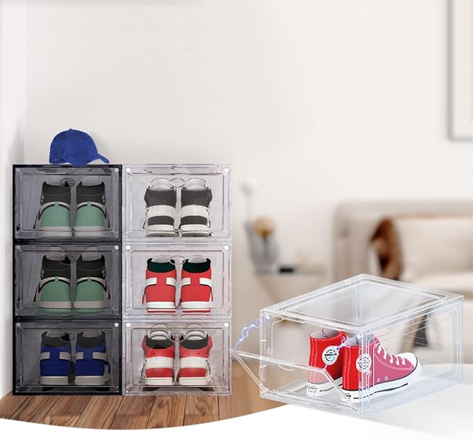 Large Clear Plastic Shoe Boxes Stackable Organizing Sneaker, 10 Pack Drop Front Shoe Storage Boxes for Closet, plastic shoe storage entryway for Size 12 (Clear 10 Pack)