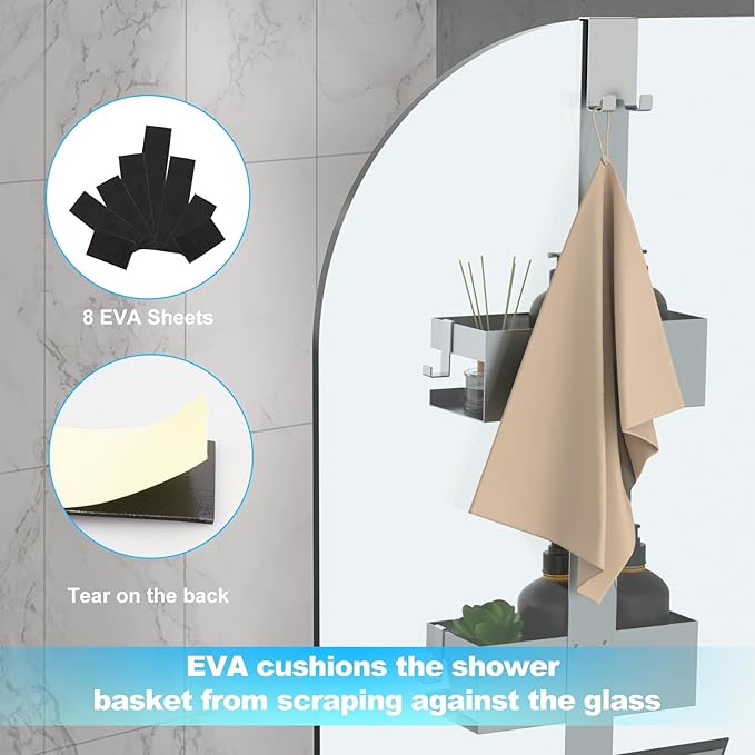 Shower Caddy Hanging, SUS304 Stainless Steel, Over Frameless Glass Door Shower Shelf, Bathroom Organizer/Rack No Drilling, Silver