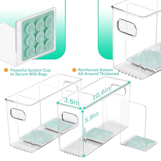 Breastmilk Storage Container with L Shaped Dividers to Flatten Standing Breast Milk Bags in Organizer Bins Save Refrigerator Space | 2 Containers with Removable Separator Boards - Green