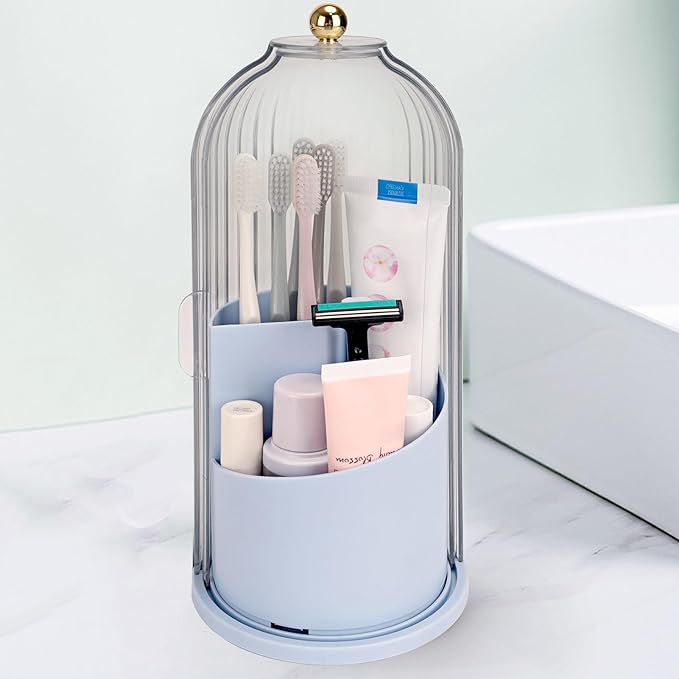 QIYVLOS Toothbrush Holders with Sliding Lid, Rotating 3 Slots Bathroom Organizer Countertop, Tooth Brush Toothpaste Holder Bathroom Counter Stand Sink Organizer Caddy for Makeup Brushes Holder (Blue)