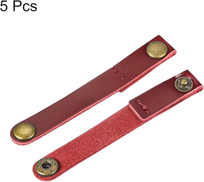 MECCANIXITY Pack of 5 Leather Cable Straps Cord Organizer 90x12mm Portable Cable Leather Clips Burgundy Earphone Cord Management for Cable, Wire
