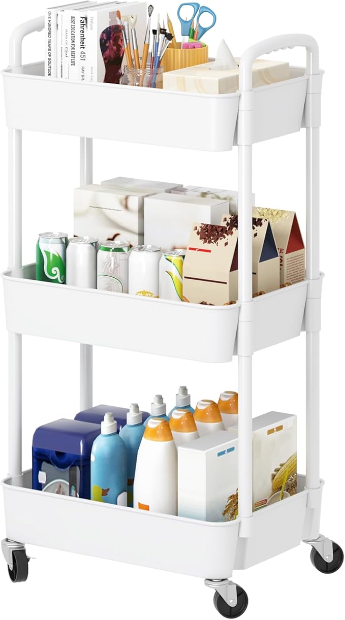 3-Tier Rolling Cart with Wheels, Multifunction Utility Storage Carts, White