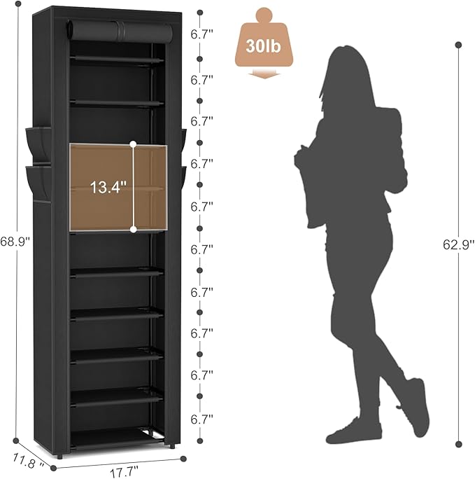 VTRIN Vertical Narrow Shoe Rack Organizer 10 Tier Tall Shoe Shelf Holds 20-22 Pairs with Non-Woven Dustproof Cover for Closet, Entryway Black