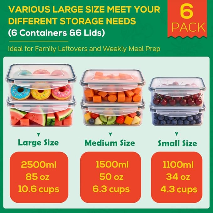 6 Pack Large Food Storage Containers with Lids (85oz/50oz/34oz) –BPA-Free