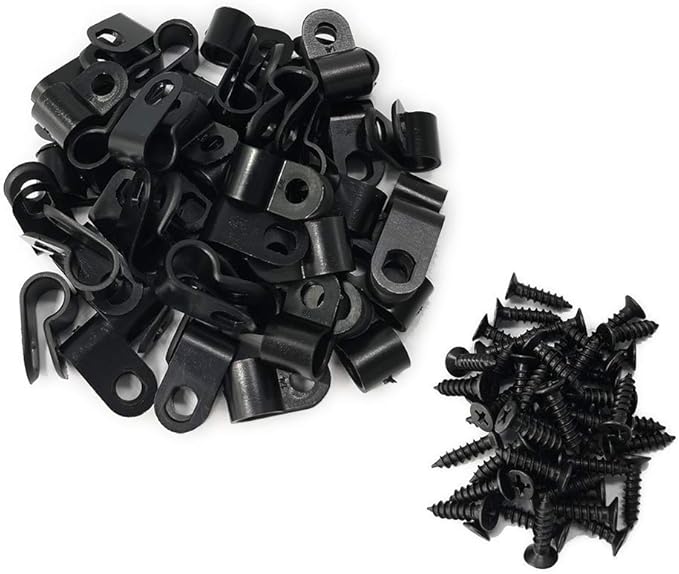 Cable Clamp R-Type Cable Clip Wire Clamp 1/4-inch Nylon Screw Mounting Cord Fastener Clips with Screws for Wire Management - 50 Pcs Cable Clamps + 50 Pcs Screws
