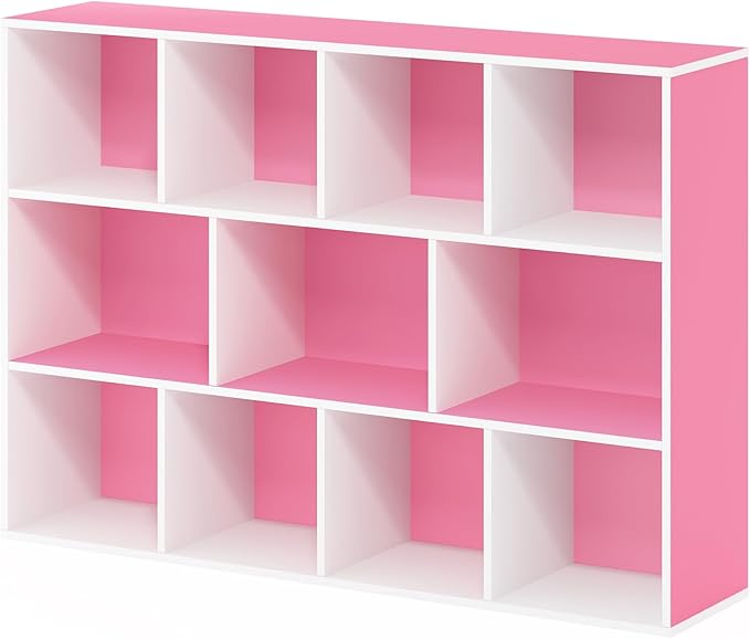 Furinno LUDER Book Shelf, 11-Cube Bookshelf, Reversible Bookcase, 9.4 x 29.1 x 41.7, Easy Assembly, for Living Room, Bedroom, Home Office, White/Pink