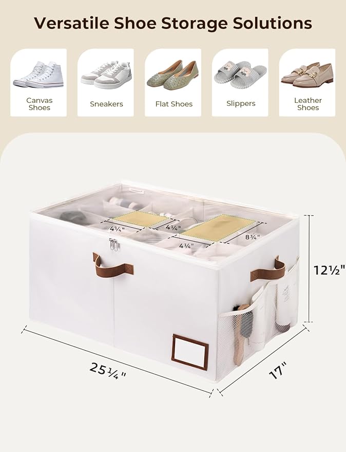 StorageWorks Shoe Organizer for Closet, Shoe Storage with Side Mesh Pocket, Shoe Cubby with Clear Cover, Storage Shoe Containers for Sneakers and Sandals, Fits up to 20 Pairs, Beige