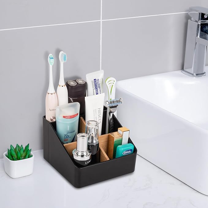 Toothbrush Holder for Bathrooms, 5 Slots Tooth Brush Holder with Detachable Bamboo Dividers, Countertop Organizer for Electric Toothbrushes, Toothpaste, Razors, Floss - Black