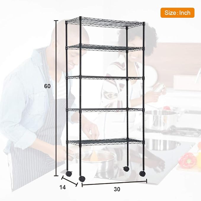 5-Tier Wire Storage Shelves with Wheels, 14x30x60, Black, Adjustable Racks