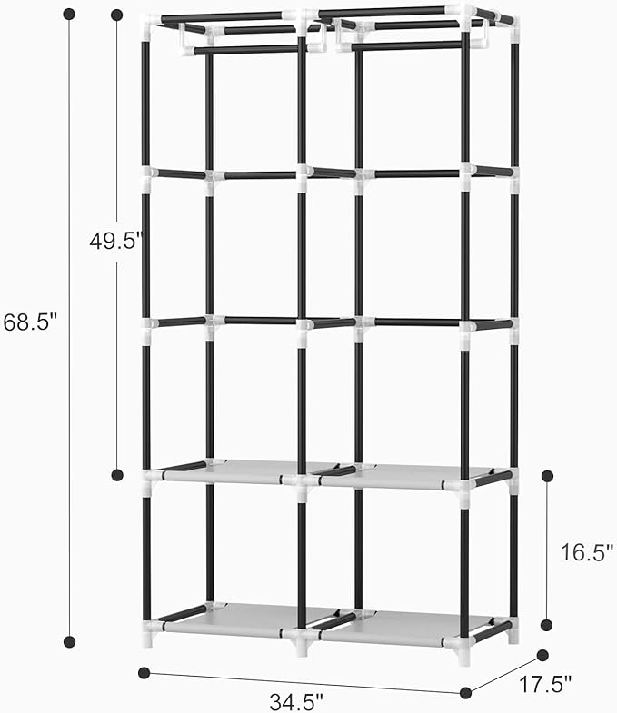 Portable Closet Wardrobe for Hanging Clothes with 4 Storage Shelves, Brown