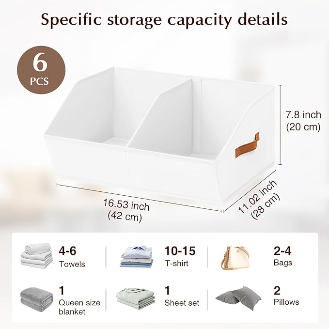 Homsorout Closet Organizers and Storage Bins - 6 Pack Collapsible Divided Trapezoidal Cube Storage Bins Baskets with Orange Handle for Organizing Clothes Blankets, Toys, Books, Towels(White)