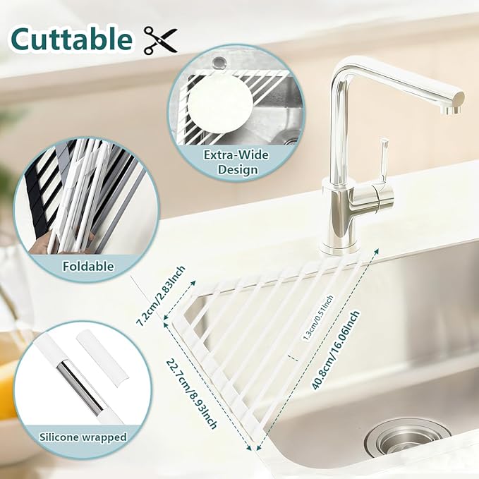 Credon Triangle Roll Up Dish Drying Rack, Foldable Anti-Slip Kitchen Sink Drainer Organizer, Silicone Coated Stainless Steel Frame, Multipurpose Over Sink Corner Caddy for Space Saving (White)