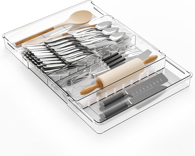 Large Expandable Silverware Organizer, Adjustable From 11'' to 21.3'', Spatula
