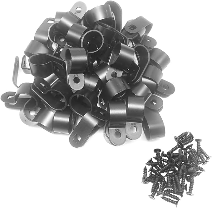Cable Clamp R-Type Cable Clip Wire Clamp 5/8 inch Nylon Screw Mounting Cord Fastener Clips with Screws for Wire Management 50 Pcs Cable Clamps + 50 Pcs Screws - Black