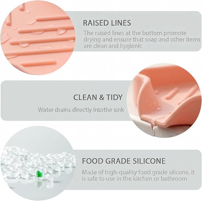 MicoYang Silicone Soap Dish with Drain Spout — Self-Draining Sink Organizer Tray for Bathroom & Kitchen, Holds Bar Soap, Sponges & Dispensers, Non-Slip & Dishwasher Safe, Pink (Small, 4.9"×3.2")