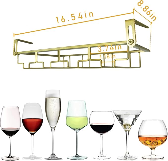 Adjustable Under Cabinet Stemware Holder - Metal Wine Glass Hanger Organizer for Kitchen, Bar, Shelf - Rustproof Hanging Storage Rack for 6-8 Glasses - Space Saving Decor (Gold, 4 Rows)