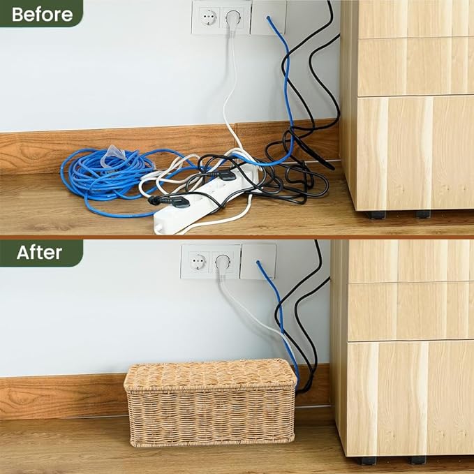 Cable Management Box, Handmade Rattan Cable Organizer with 2 Open Slots, Natural