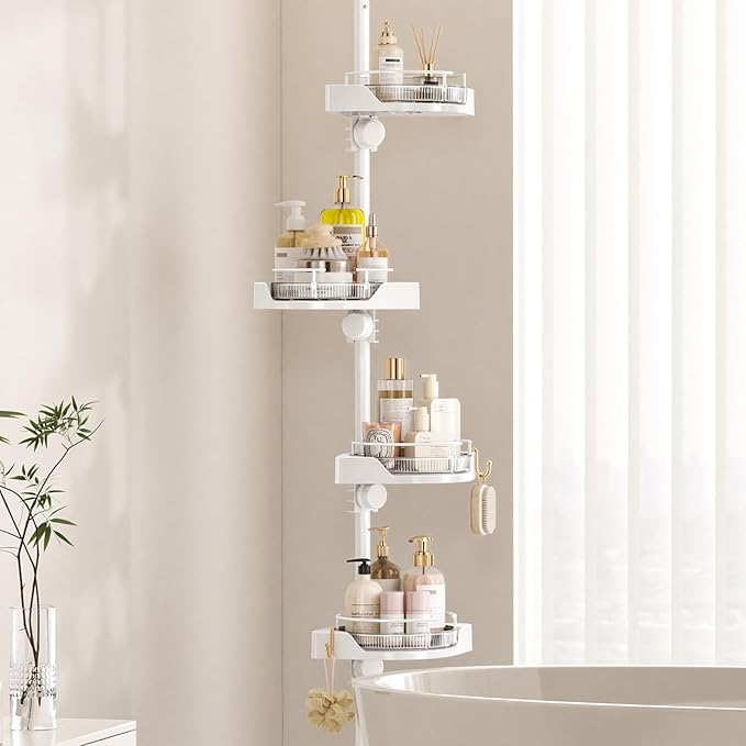 Shower Caddy Tension Pole with 4 L-Lazy Susan Organizer 360 Rotating 35-128 Inch