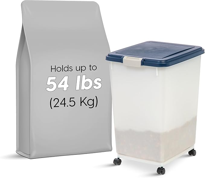 USA Dog Food Storage Container, Up to 54 Pounds, Attachable Wheels, Navy/Pearl