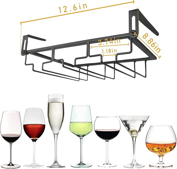 Adjustable Under Cabinet Stemware Holder - Metal Wine Glass Hanger Organizer for Kitchen, Bar, Shelf - Rustproof Hanging Storage Rack for 6-8 Glasses - Space Saving Decor (Black, 3 Rows)