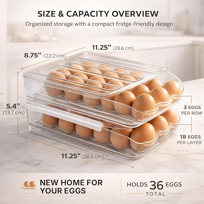 Egg Holder for Fridge with Rolling Auto Dispense, Egg Dispenser for Refrigerator, Stackable Egg Organizer for Refrigerator, Holds 36 Eggs, Clear Space Saving Storage Container for Kitchen Use