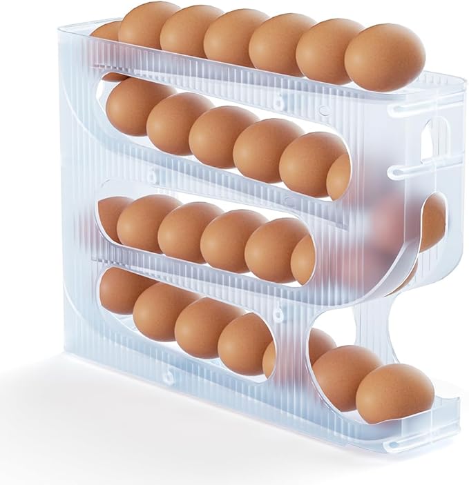 Sotfamily Egg Holder for Fridge, Auto Rolling Egg Dispenser for Refrigerator, Kitchen - Space-saving Egg Roller/Organizer/Storage/Container/Tray - 1 Pack for 28 Large Size Eggs(Frosted Clear)